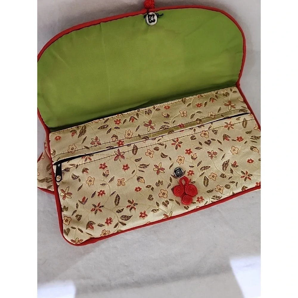 Floral Brocade 3pc Set Clutch Tissue Holder Coin Purse Cream Red Gold Trim